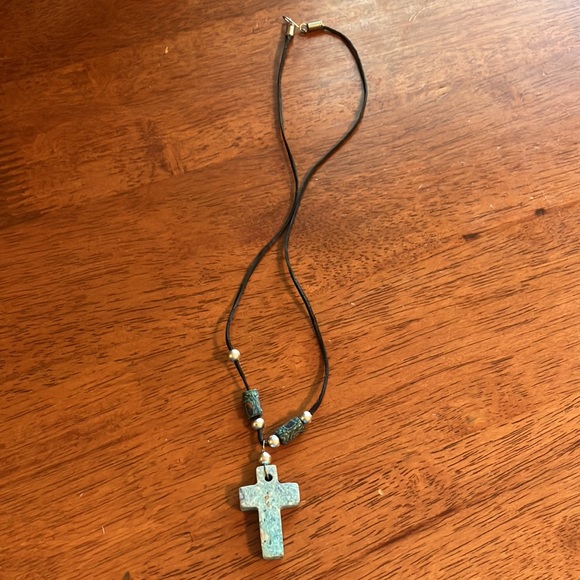 Beautiful boho style necklace with chunky blue stone cross on a leather cord. - Picture 2 of 16